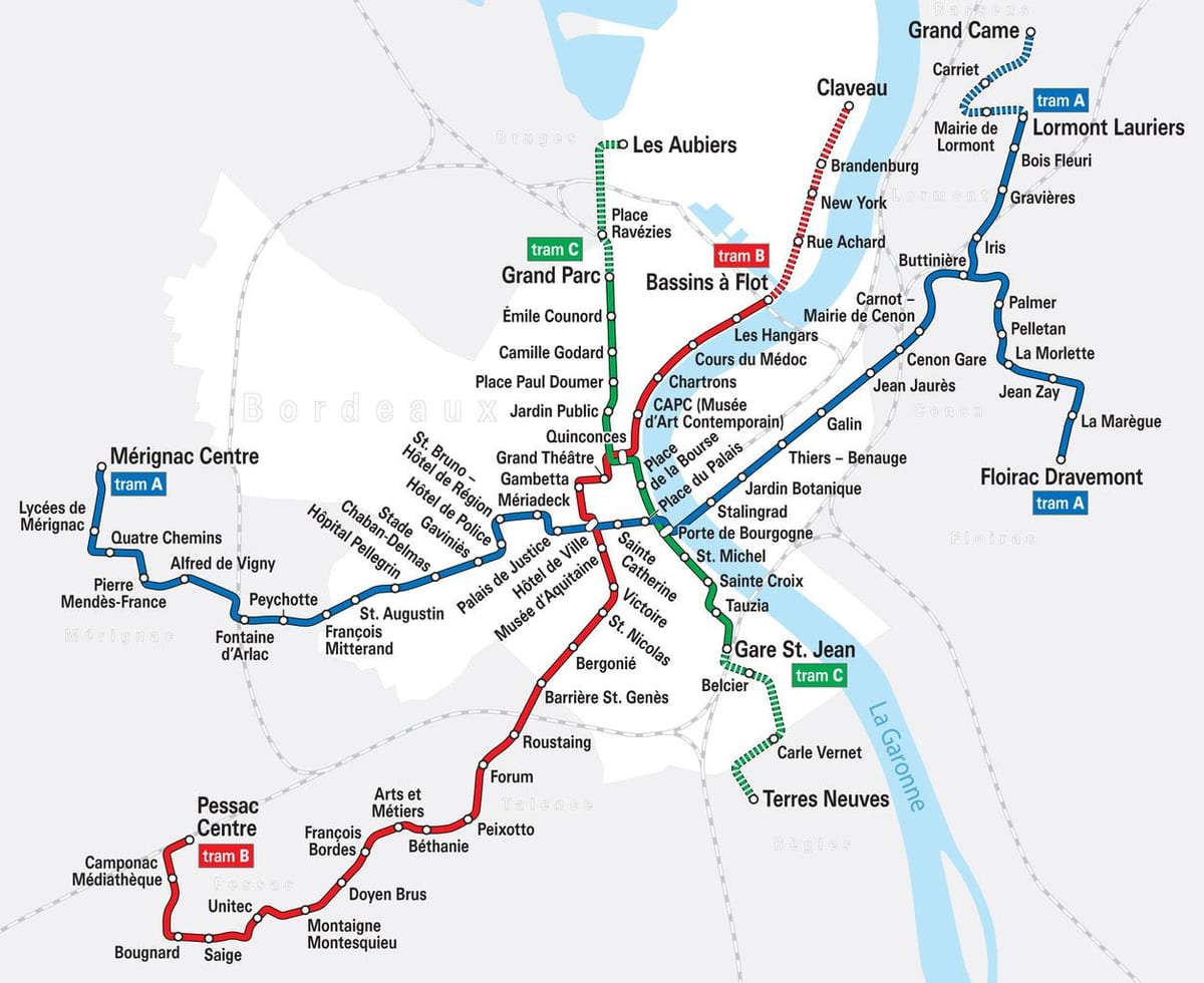 Burdeos sistema de tranvía mapa