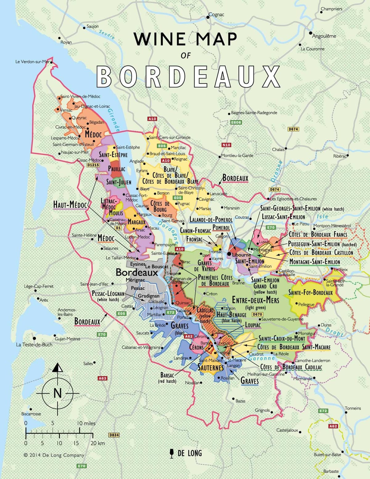 mapa de la ruta del vino de Burdeos