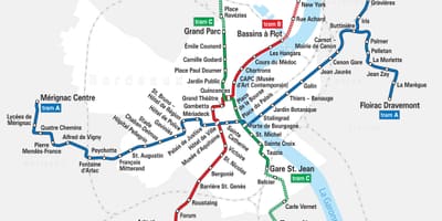 Burdeos tranvía de la ruta mapa